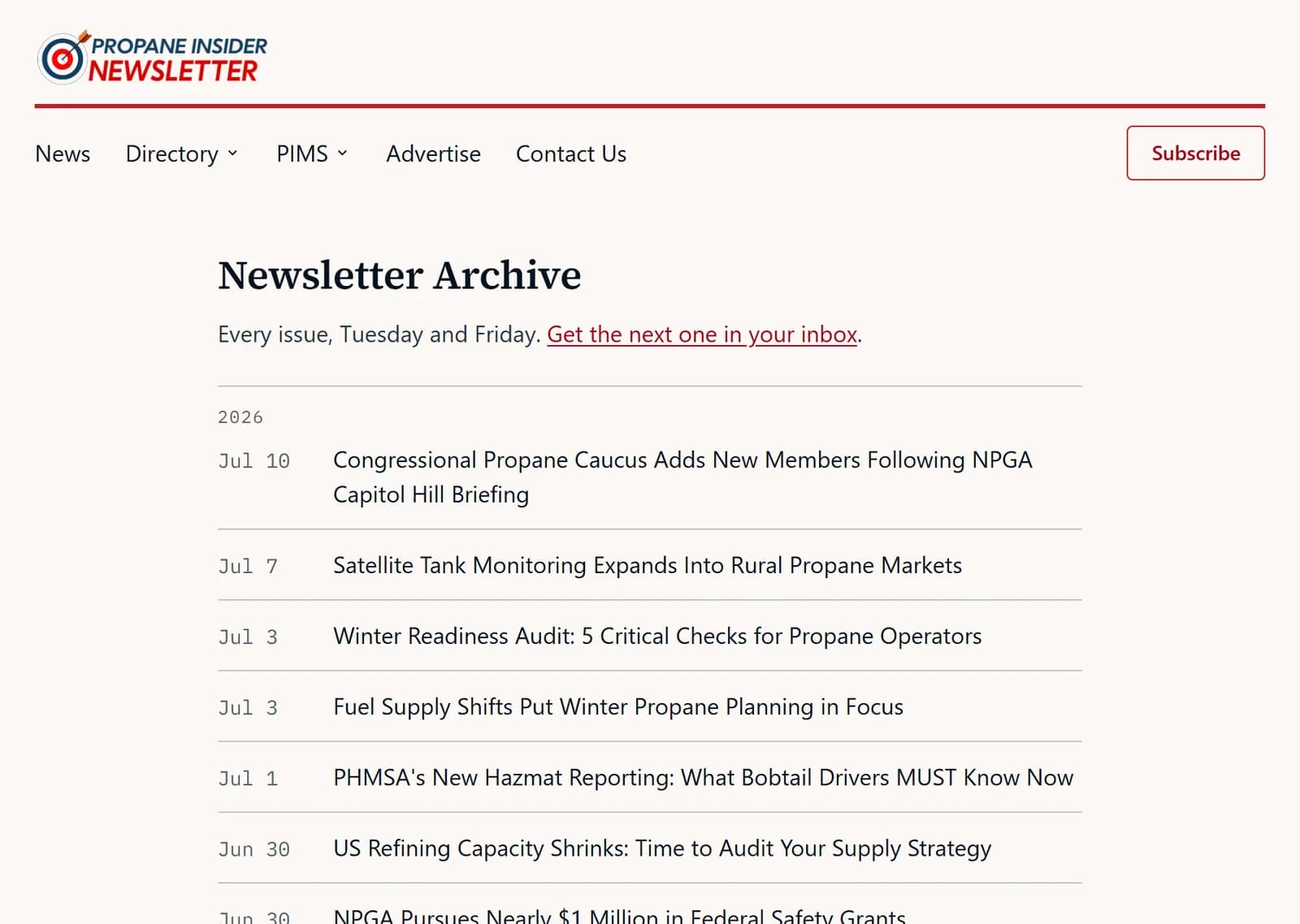 A real Propane Insider newsletter send — masthead and published headlines from our archive