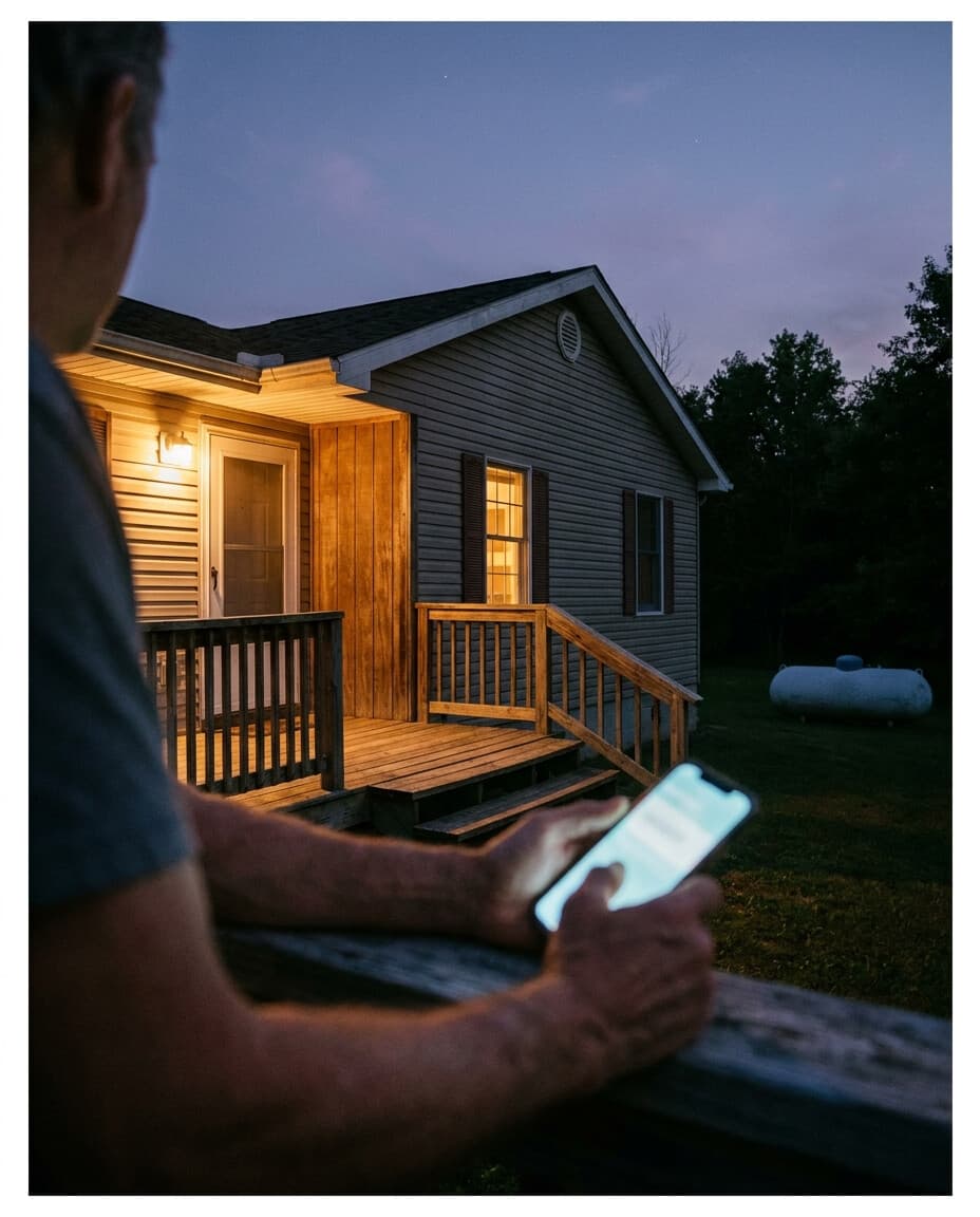 A phone on a porch beside a home and propane tank at dusk.