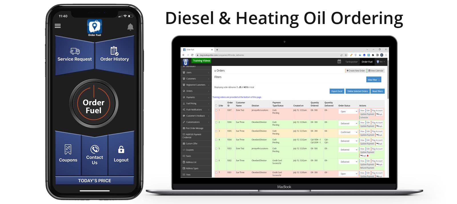 Custom Fuel App customer ordering screen on a phone next to the office order-management dashboard on a laptop