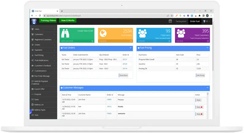 A real screen from the Tank Spotter platform — order management, pricing, and customer messages in one view