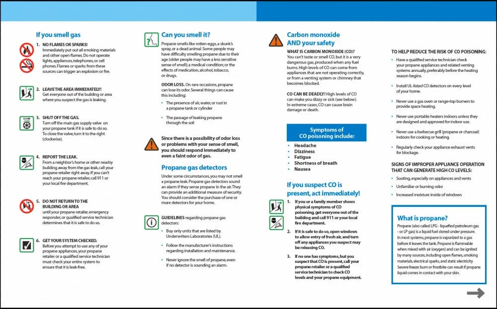 Inside spread of the Important Propane Safety Information brochure — what to do if you smell gas, propane gas detectors, carbon monoxide safety, and symptoms of CO poisoning