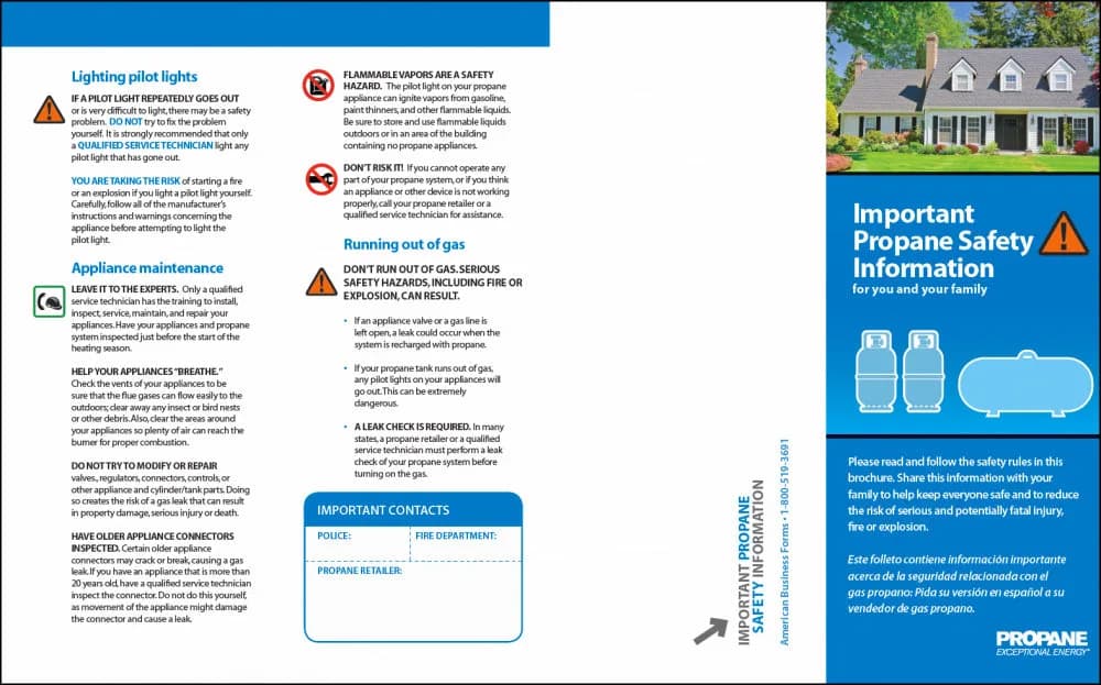 Outside spread of the Important Propane Safety Information brochure — cover panel plus sections on lighting pilot lights, appliance maintenance, flammable vapors, running out of gas, and an important-contacts card