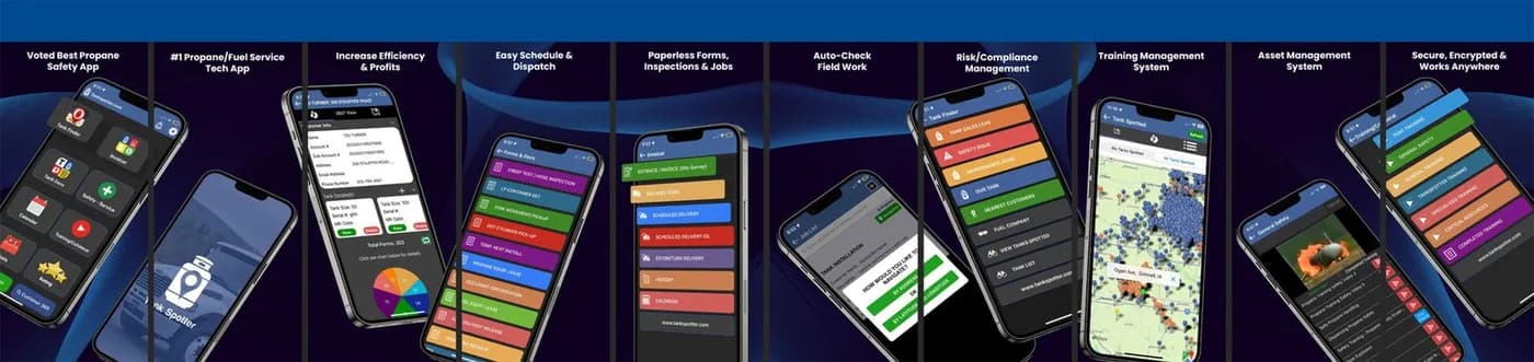 TankSpotter app screens — Tank Finder, Increase Efficiency and Profits, Easy Schedule and Dispatch, Paperless Forms and Inspections, Auto-Check Field Work, Risk and Compliance Management, Training Management, Asset Management, and Secure Encrypted Sync