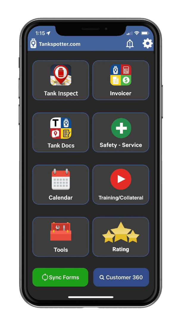 TankSpotter app home screen on a smartphone, showing the Tank Inspect, Invoicer, Tank Docs, Safety-Service, Calendar, Training/Collateral, Tools, and Rating modules