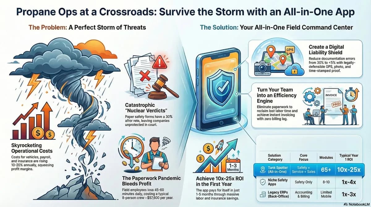 Propane Ops at a Crossroads infographic — skyrocketing operational costs, catastrophic nuclear verdicts, and the paperwork pandemic on one side; TankSpotter's digital liability shield, efficiency engine, and ROI comparison table on the other