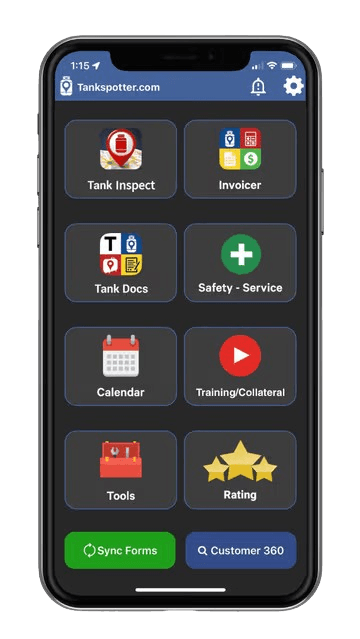 TankSpotter app preview — service tech and safety modules on a phone