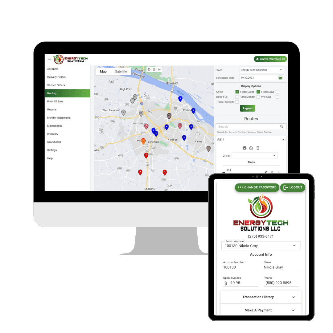 Energy Tech Solutions routing dashboard and customer account app on desktop and tablet